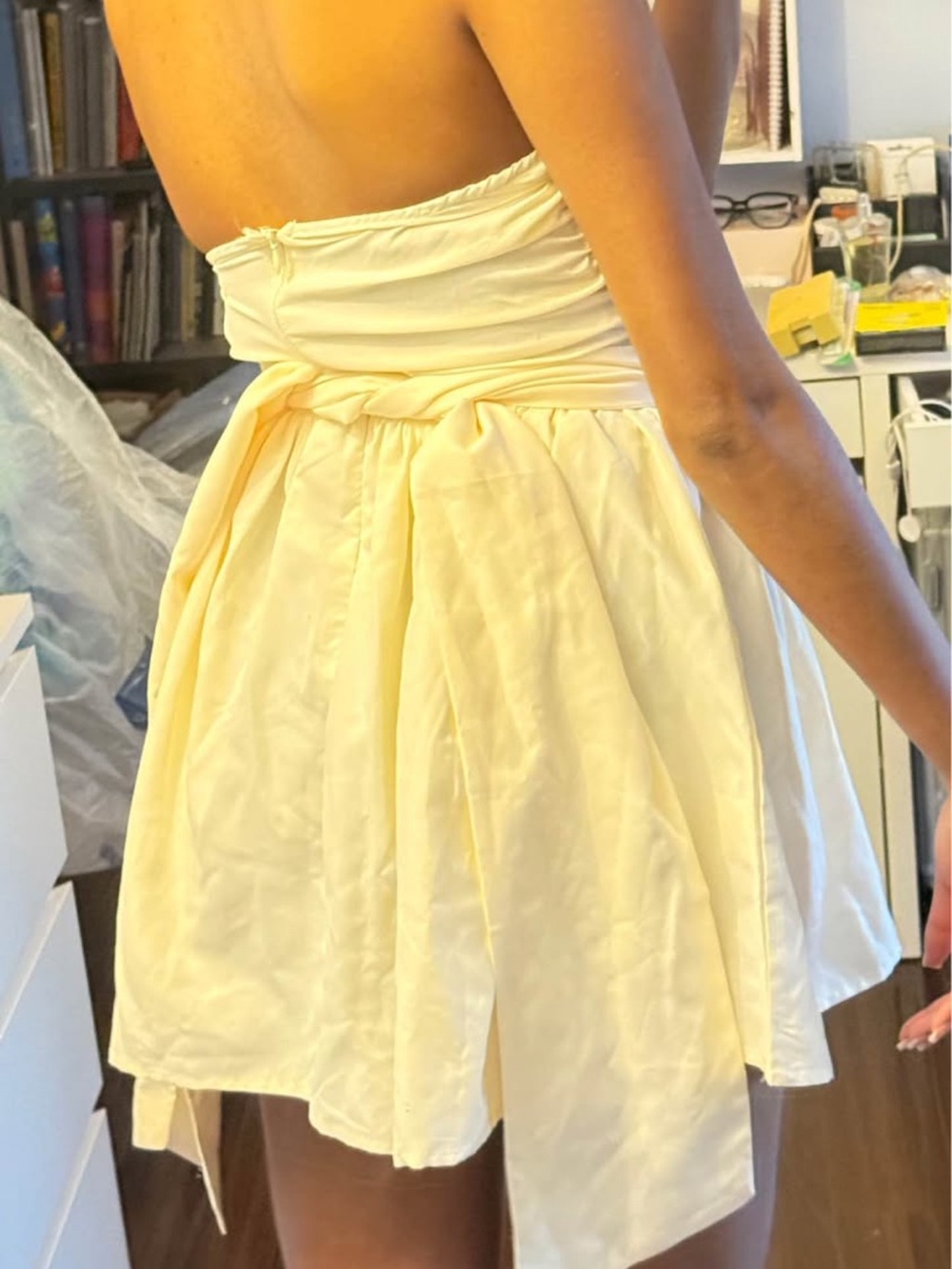 Strapless Cream Bow-Back Mini Dress Ruched - Picture 3 of 3